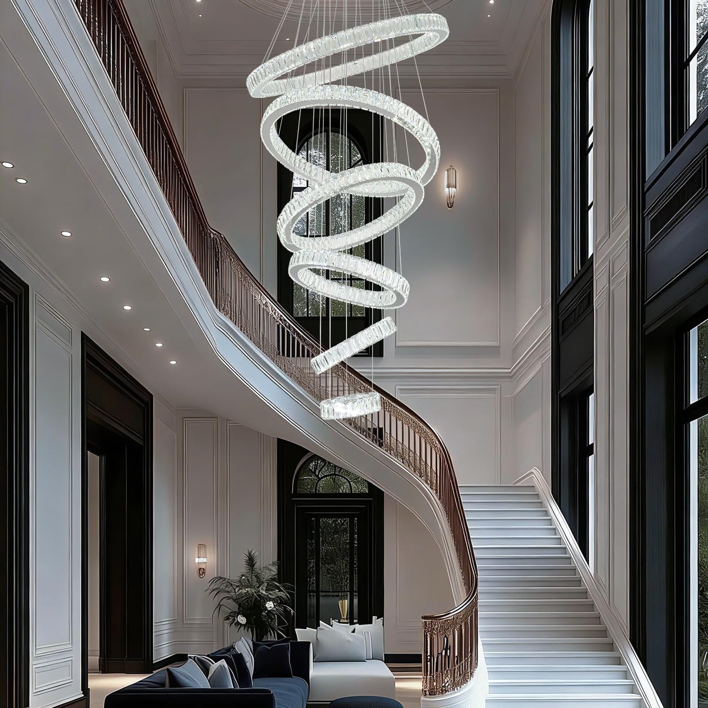 Finktonglan 6-Ring Crystal LED Chandelier, Cool White 6000K Modern Pendant Light, Adjustable Height up to 118", K9 Stainless Rings (Ø7.9–27.6"), Non-Dimmable for Foyer Stair Living Room