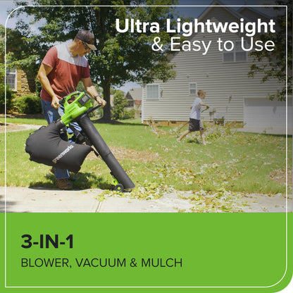 Greenworks 48V (24V x 2) Cordless Brushless Leaf Blower/Vacuum (520 CFM / 240 MPH) with Bag, Powerful & Efficient for Yard Debris Cleanup, Includes (2) 4.0Ah Battery & Dual Port Charger