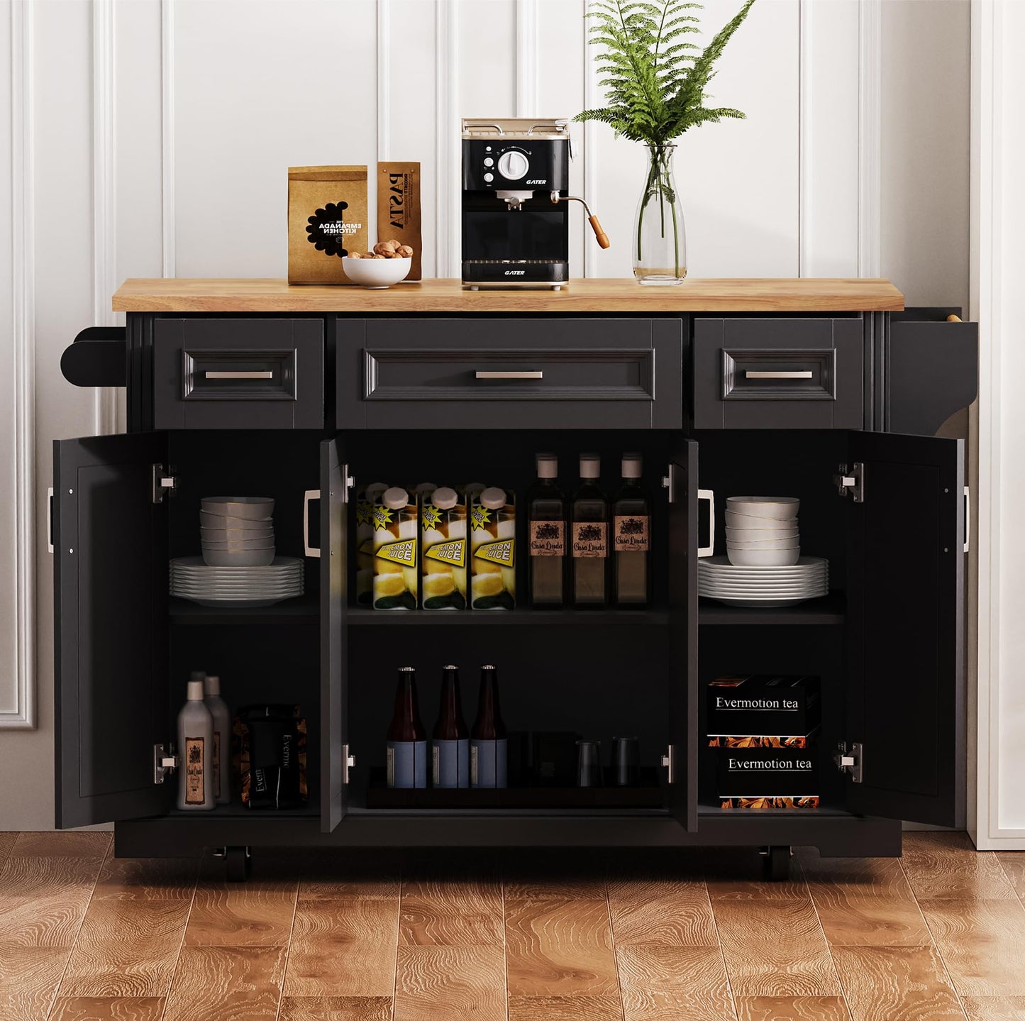Ball & Cast Large Kitchen Island with Rubber Wood Drop Leaf,Embossed Texture Rolling Kitchen Cart On 4 Wheels W/4 Doors & 3 Drawers,Mobile Kitchen Islands W/ Storage for Kitchen,Dining Room,Black,54"