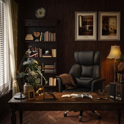 Ergonomic Office Chair with Footrest, Criss Cross Legged Desk Chair with Flip-Up Arm, Wider Thicker Spring Seat, Lumbar Support, Pet-Friendly, Big and Tall High Back Heavy Duty Executive Leather Chair