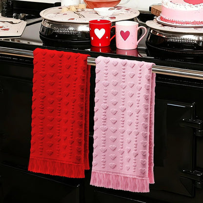 Peryiter 2 Pcs Valentine's Day 3D Heart Hand Towels with Tassel Valentines Decor 100% Cotton Red Pink Bathroom Towel Decorative Absorbent Bath Towel for Kitchen Drying Cleaning, 13.78 x 33.46 Inch