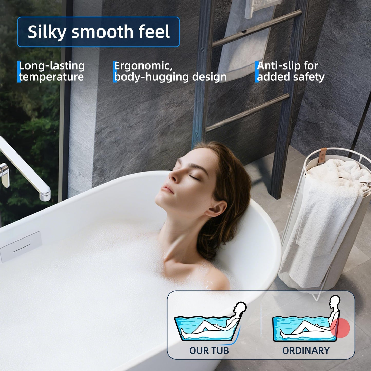 59 Inch Freestanding Bathtub Acrylic Free Standing Tub 59 Inch, Free Standing Tub with Chrome Drain & Overflow, Ergonomic Stand Alone Tub for Small Bathroom or Home Spa
