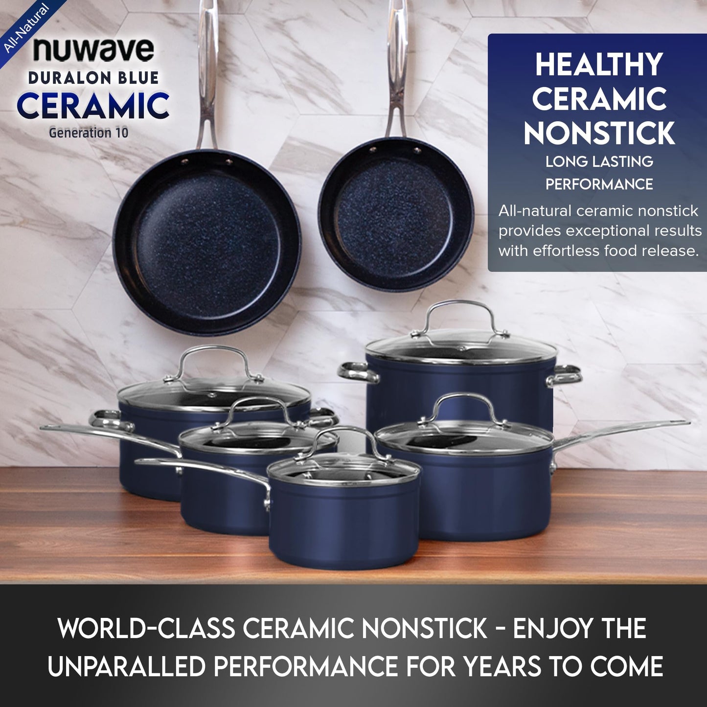 Nuwave Healthy Duralon Blue Ceramic Nonstick 12pc Cookware Set,Diamond Infused Scratch-Resistant,PFAS Free,Dishwasher & Oven Safe,Induction Ready & Evenly Heats, Tempered Glass Lids, Stay-Cool Handles
