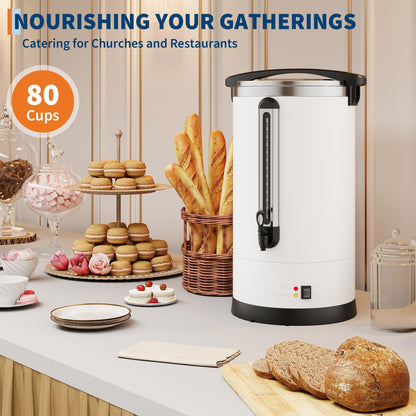 80 Cup Coffee Urn, 12L/3.2Gal Stainless Steel Hot Beverage Dispenser, Fast Brew Rapid Extraction, Auto Temperature Control Faucet, Commercial Hot Water Urn for Party Buffet Catering, White