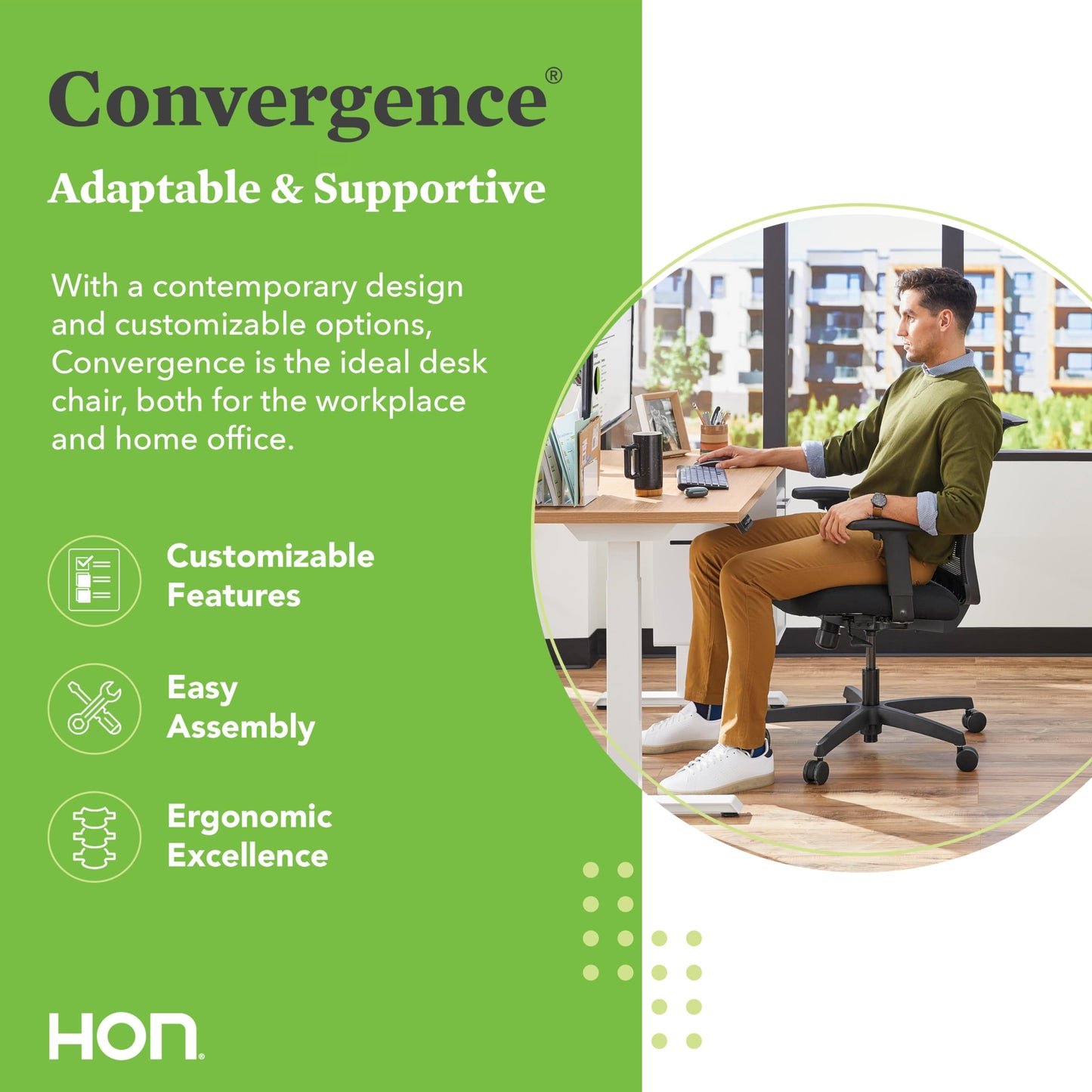 HON Convergence Ergonomic Office Chair with Mesh Back, Vinyl Seat Cushion, Adjustable Arms, Lumbar Support, Synchro‑Tilt Swivel Desk Chair with Wheels for Home Office, Black Frame, Black