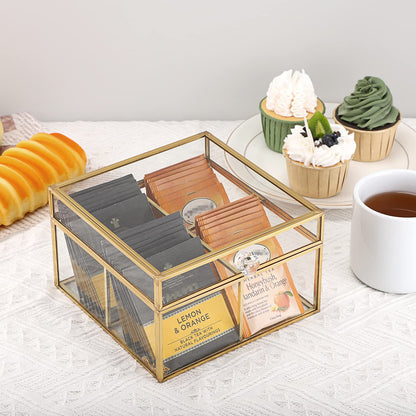 ELLDOO Gold Glass Tea Bags Box with Lid, Trinket Jewelry Box Countertop Storage for Sugar Packets Makeup Sponges Jewelry, 4 Grids, Glass Box Only