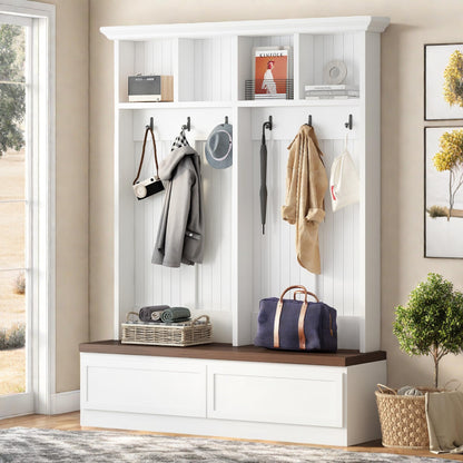 Merax Wood Hall Tree with 6 Hooks & Entryway Bench, Farmhouse Mudroom Versatile Coat Racks with 2 Large Drawers, Entrance Organizer for Hallway, White