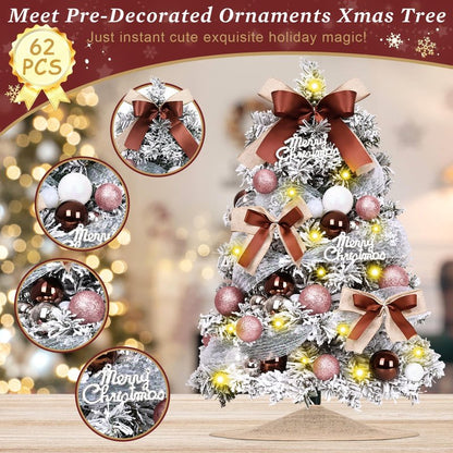 Uspring 2Ft Flocked Small Christmas Tree with Lights, Artificial Table Top Christmas Tree with 62 Pre-Decorated Ornaments, Full Mini Xmas Trees for Indoor Holiday Decor