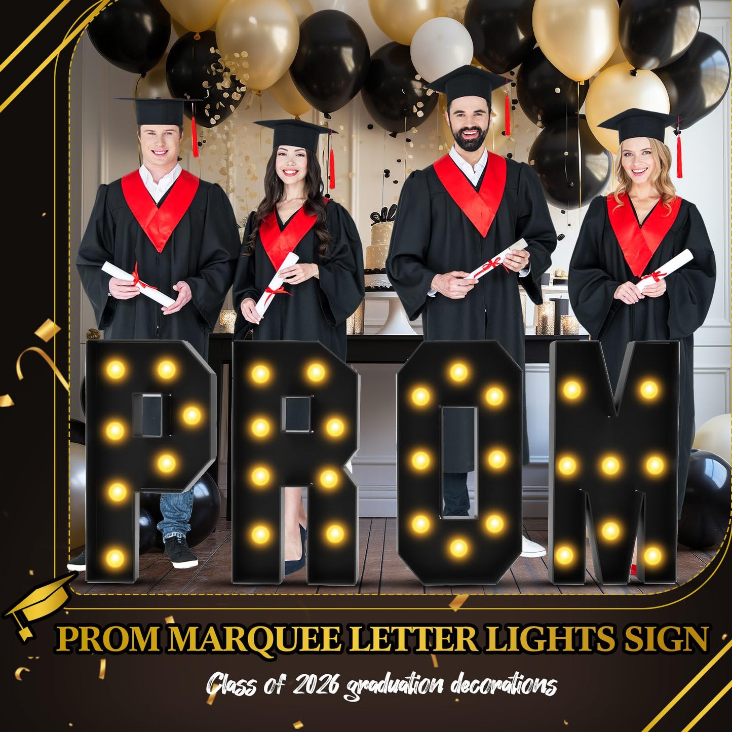 Colingmill 2.4 FT PROM Marquee Letters with 2 Lighting Modes for Class of 2026, PROM Light Up Letters Sign Graduation Decorations for High School College Grad Party Decor LED Backdrop(Black)