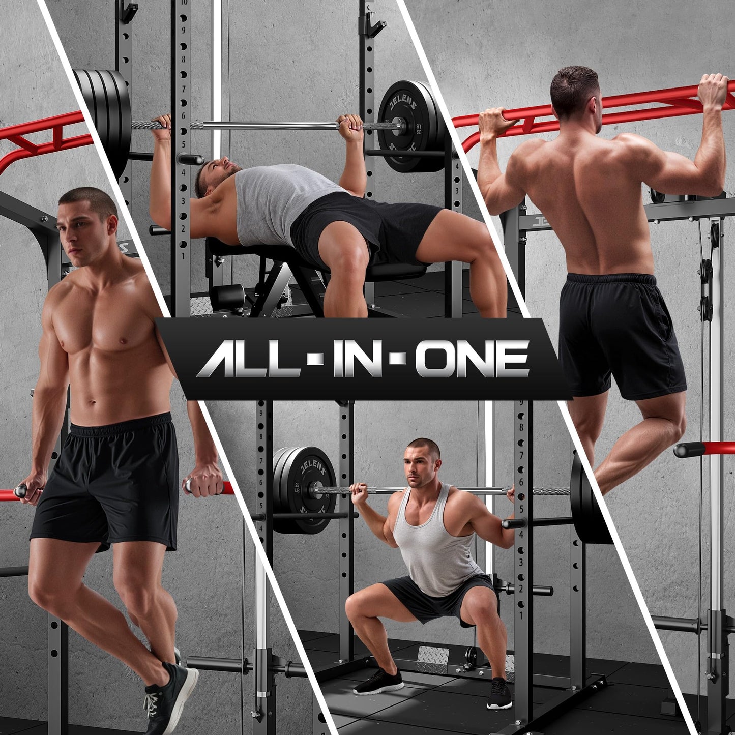JELENS S11 Power Cage, 2000LB Multi-Function Power Rack with LAT Pulldown, Squat Rack with Adjustable Pulley System and Training Attachments, Weight Rack for Home Gym (370LB Colored Weights Package)