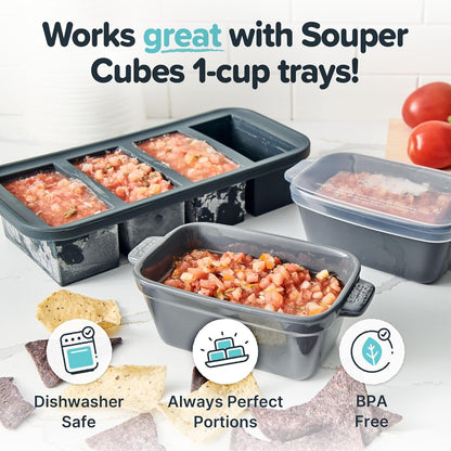 Souper Cubes Stoneware - Small 5" x 3" Ceramic Baking Dish Set with Silicone Covers | Ideal for Reheating Single Servings - Charcoal