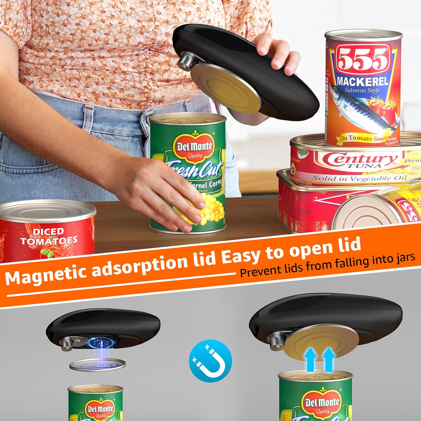 electriccan opener, automatic can opener, one-button operation, with smooth edge design suitable for the elderly, portable kitchen tool, suitable for most can sizes.