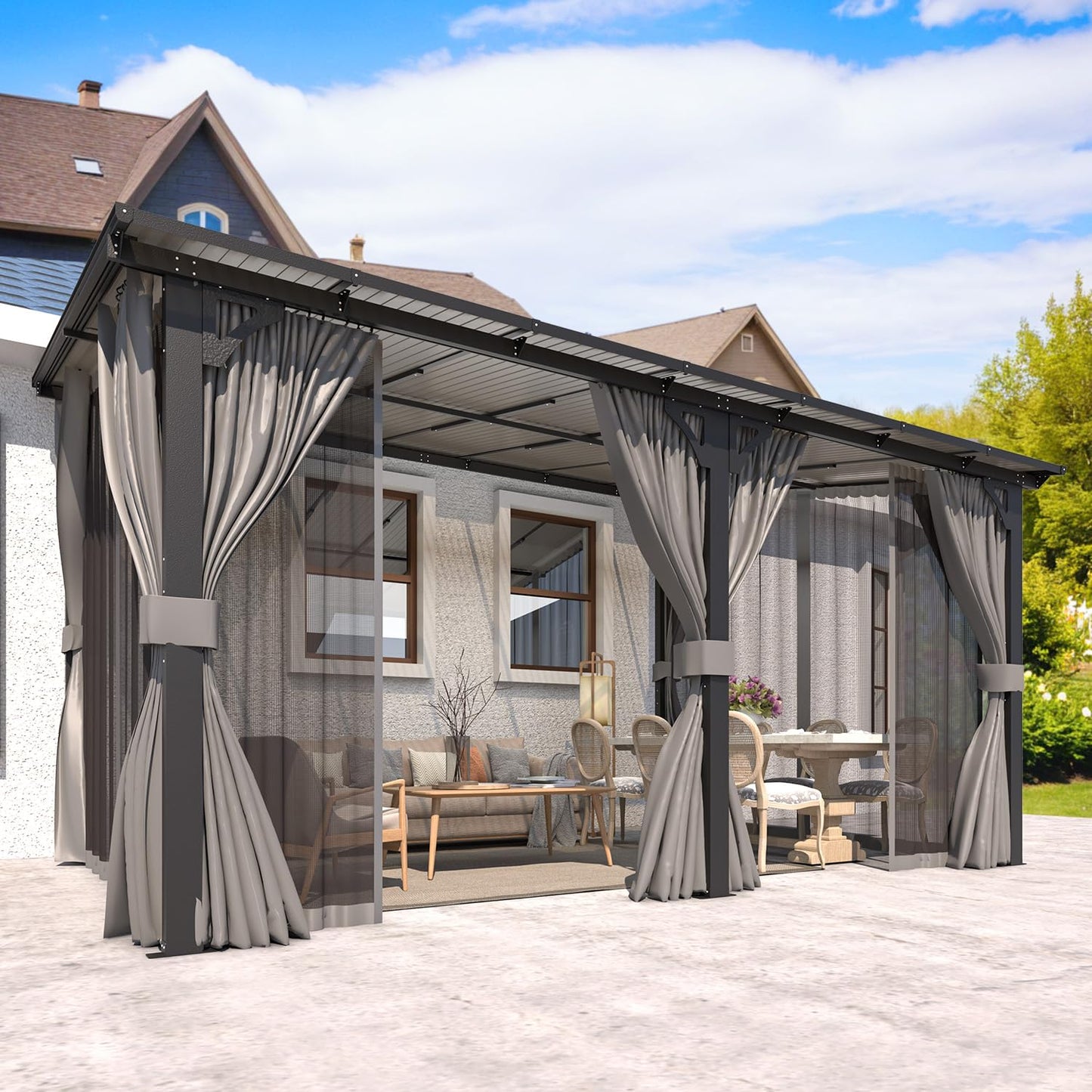 AECOJOY 14' x 10' Gazebo for Patio, Hard Top Lean to Gazebo Pergola with Curtains and Mosquito Netting, Large Wall-Mounted Heavy Duty Awnings for Patio, Decks, Backyard and More