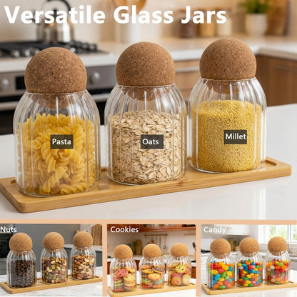 GYOSUGANG Glass Jar Storage Container with Ball Cork, 3PCS Round Glass Canisters with Tray & Labels, Small Glass Jars for Food Sugar Candy Coffee Tea Nuts - Style 2(500ml/17oz)