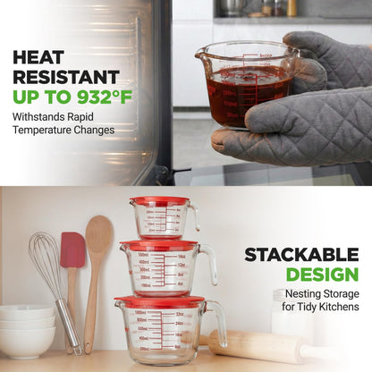 NutriChef 1,2 and 4 Cups Glass Measuring Cup Set with Lids (8, 17 and 34 oz) - Heat-Resistant Borosilicate Liquid Measure Cups with Easy-Read Scale for Cooking, Baking & Food Storage, Dishwasher Safe
