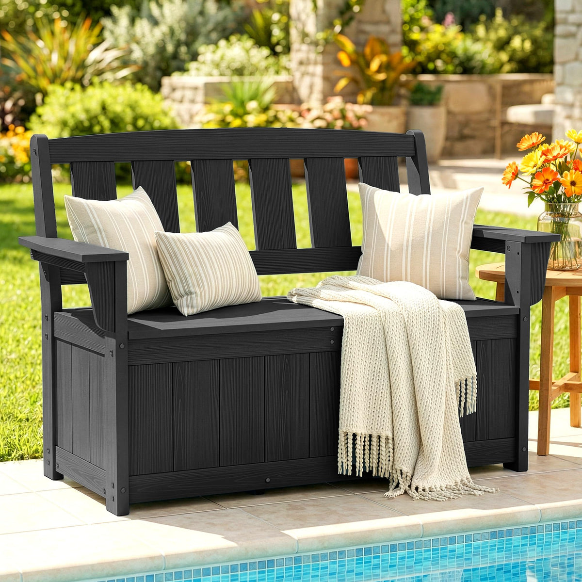 SERWALL HDPE Outdoor Storage Bench, All-Weather, UV-Resistant Deck Box with Waterproof Storage Bags, 57 Gallon Dual-Use Seat & Organizer Deck Boxes for Patio, Garden Tools & Pool (Dark Black)
