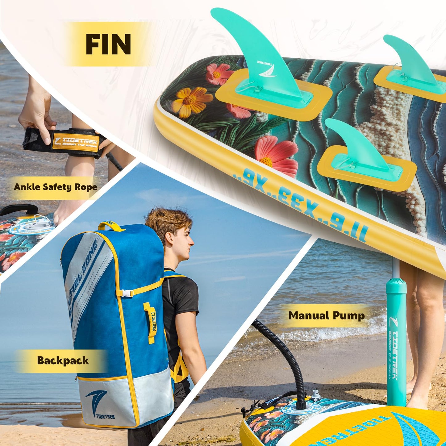 TIDETREK 11'/11'6" x 33"/34" x 6" Inflatable SUP Paddle Board – Extra-Wide, Stable Stand Up Paddle Board with Premium Full Accessory Set for Adults & Youth (Sunny Wave, 11'6"x33"x6")