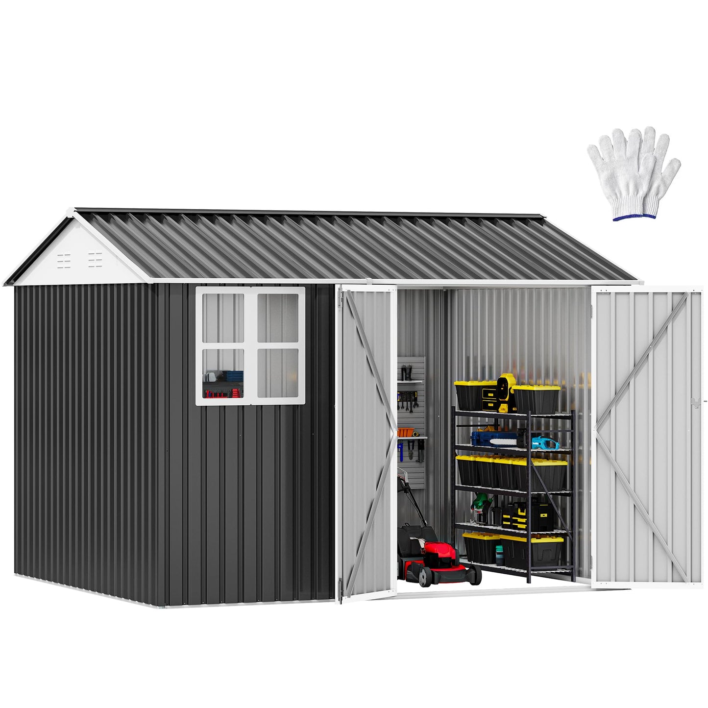 DWVO 10x8ft Large Tool Storage Shed with Window, Lockable Doors, and Sloped Roof, Oversized Steel Outdoor Storage Shed for Garden, Patio, Garage, Backyard, Lawn - Gray & White