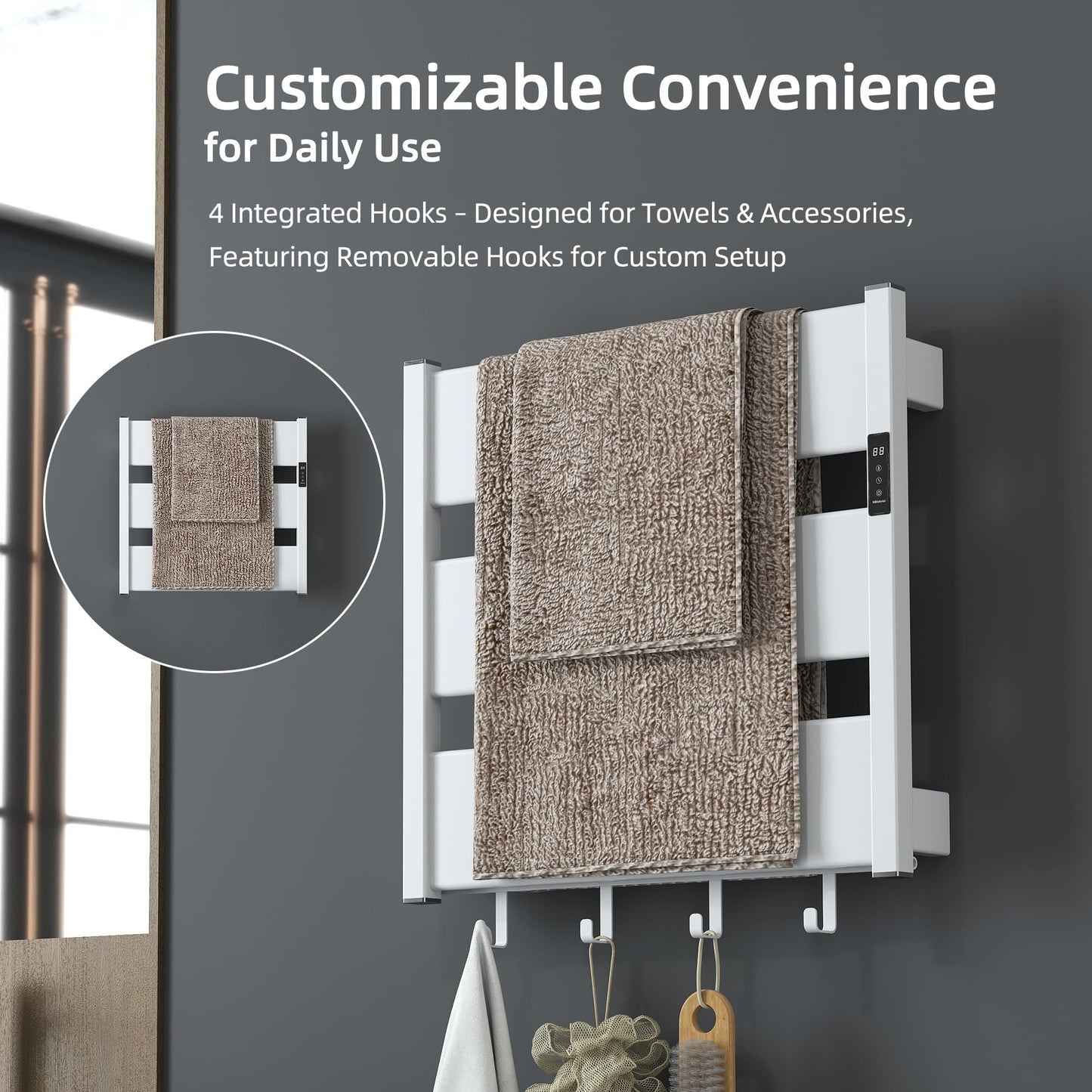 K&KALONZO Towel Warmer for Bathroom, Wall-Mounted Heated Towel Rack with Built-in Timer, Waterproof Alumnimum Electric Towel Heater, Support Plug-in and Hardwired, White, H4-W