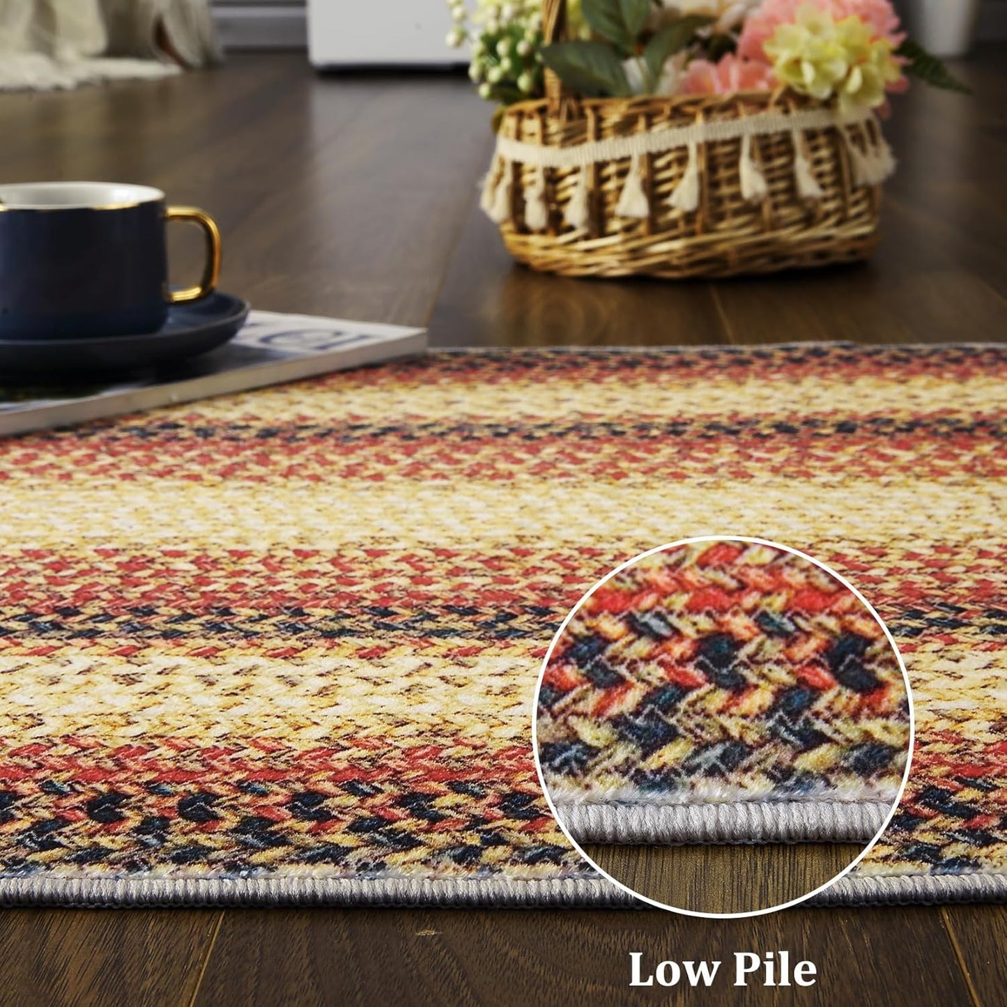 Small Area Rug 2x4 Indoor Non-Slip Entryway Braided Print Rug, Boho Accent Carpet for Living Room, Red