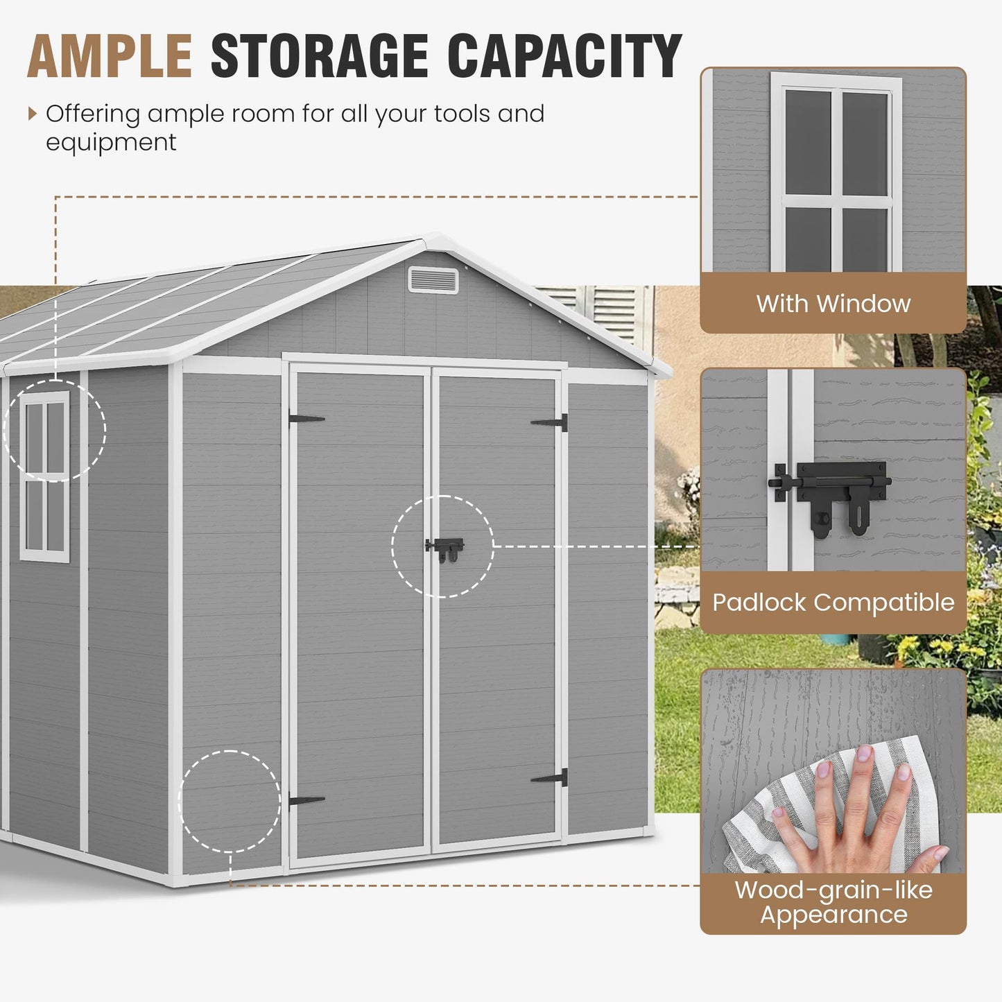 Amopatio 8x8 FT Resin Storage Shed, Outdoor Shed with Floor Included, Plastic Storage Sheds for Bike, Garden Tools, Sheds & Outdoor Storage with Lockable Door, Window & Vents, Grey & White