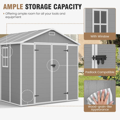 Amopatio 8x8 FT Resin Storage Shed, Outdoor Shed with Floor Included, Plastic Storage Sheds for Bike, Garden Tools, Sheds & Outdoor Storage with Lockable Door, Window & Vents, Grey & White