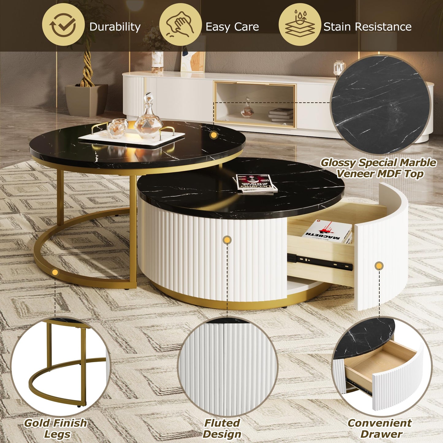 Ball & Cast Round Coffee Table Set of 2,Nesting Desk with Drawers,Smooth Durable Marble Tabletop and Fluted Design,Easy Care & Stain Resistance 31.5" for Bedroom,Living Room,Black & Gold