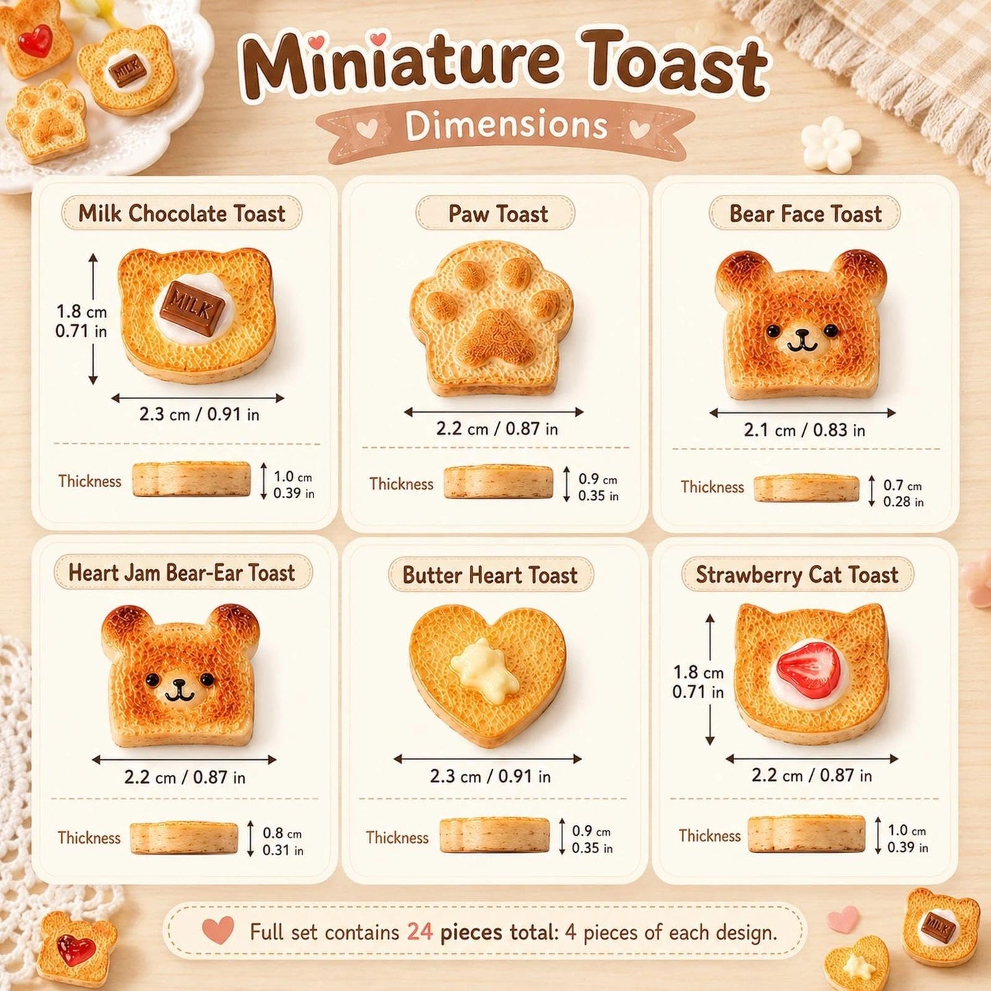 LOGOFUN 24pcs Dollhouse Miniature Food Simulation Caramel Toast Bread Resin Accessories Mini Scene Decoration