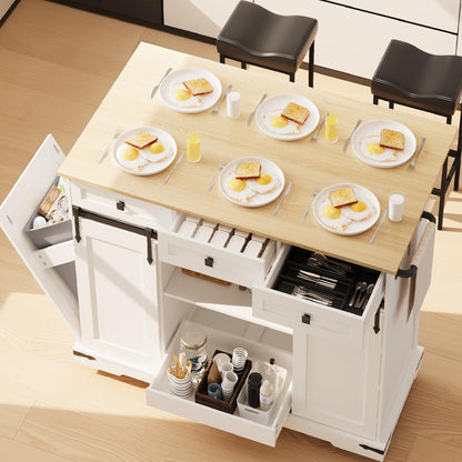 Large Rolling Kitchen Island with Power Outlet, Mobile Kitchen Cart on Wheels with Drop Leaf, 3 Drawers, Trash Can Storage, Spice Rack, Towel Holder, Kitchen Island Table for Dining Room, Home, White