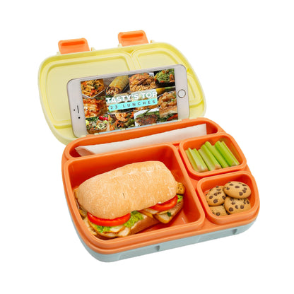 Tasty Bento Style Lunch Box, 4 Compartments with Built-In Phone Stand, BPA-Free Plastic, Portable Food Storage Container, Aqua