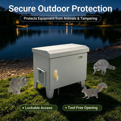HQUA Pond Aerator Pump Cover Cabinet, Weatherproof Outdoor Protection System with Cooling Fan, Pre-Wired Outlet & 10 ft Power Cord, Galvanized Steel Enclosure 19”W × 14”D × 18.5”H