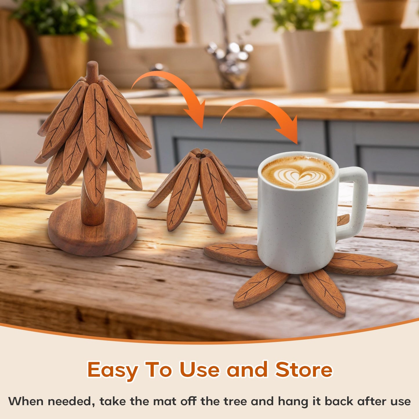 Wooden Trivets for Hot Dishes, Wooden Tree Trivet Set, Tree Coasters - of 5 + 1 Stand stored, Suited for Hots, Pans, Bowl, Teapot, Hot Holders - Multifunctional Ornaments