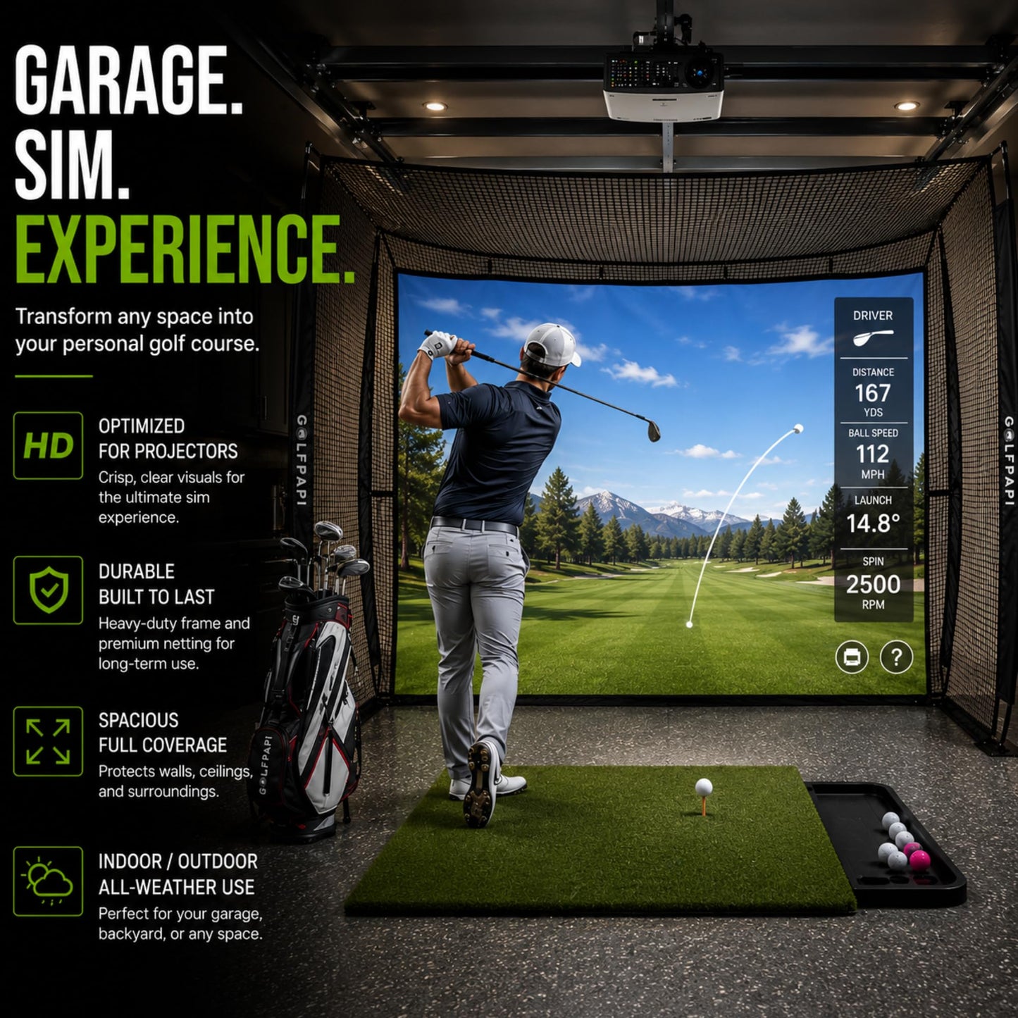 GOLF PAPi Mobile Golf Simulator Net – 10ft Compact Practice Net with Steel Frame & Impact Screen – Indoor & Outdoor Golf Training for Backyard, Garage & Home Sim Setup