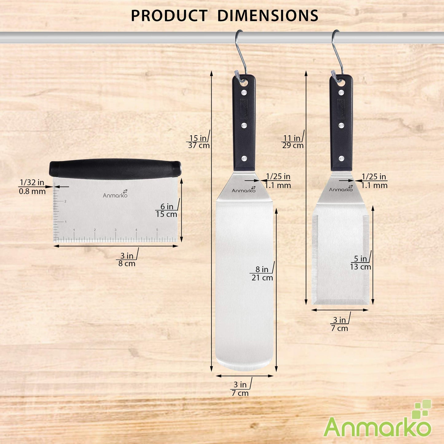 Anmarko Metal Spatula Stainless Steel Scraper - Professional Chef Griddle Spatulas Set of 3 - Heavy Duty Accessories Great for Cast Iron BBQ Flat Top Grill Skillet Pan - Commercial Grade