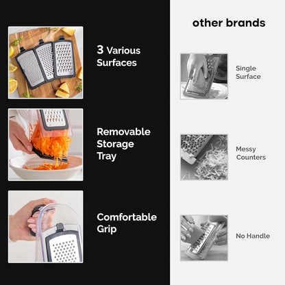 Cheese Grater with Handle - Box Grater Cheese Shredder - Stainless Steel Food Grater - Garlic Crusher and Mincer Tool