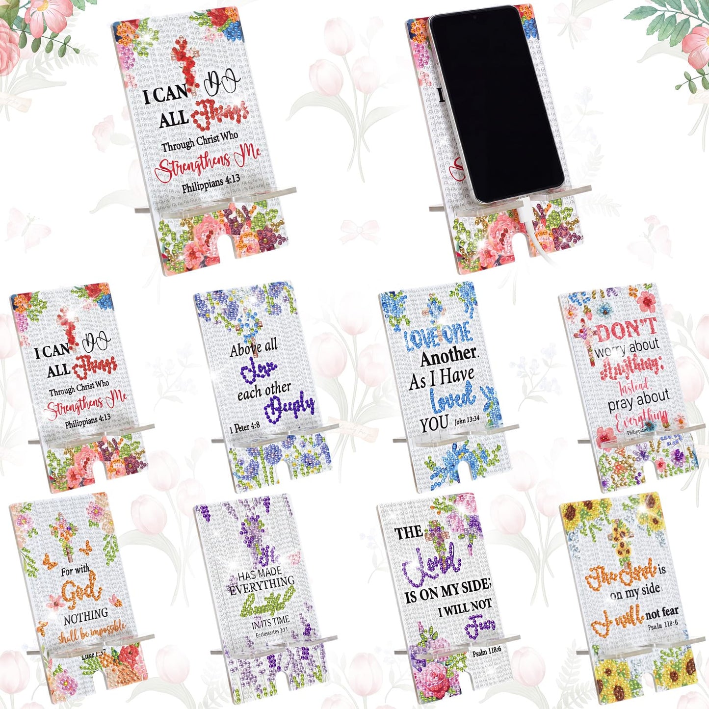 Kenning 8 Pcs Inspirational Bible Diamond Painting Cell Phone Stand DIY 5D Full Crystal Acrylic Christian Cross Diamond Art Phone Holders Kits for Beginner Adults DIY Crafts Religious Gifts