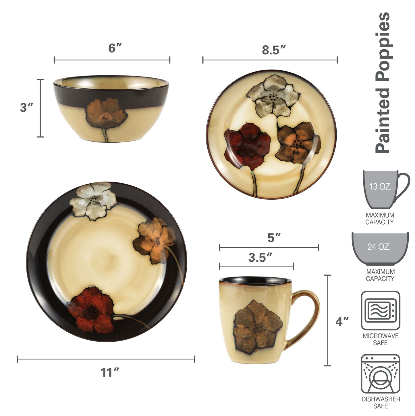 Pfaltzgraff Painted Poppies 16-Piece Dinnerware Set, Service for 4, Colorful Floral Stoneware Plates, Bowls, and Mugs, Microwave and Dishwasher Safe