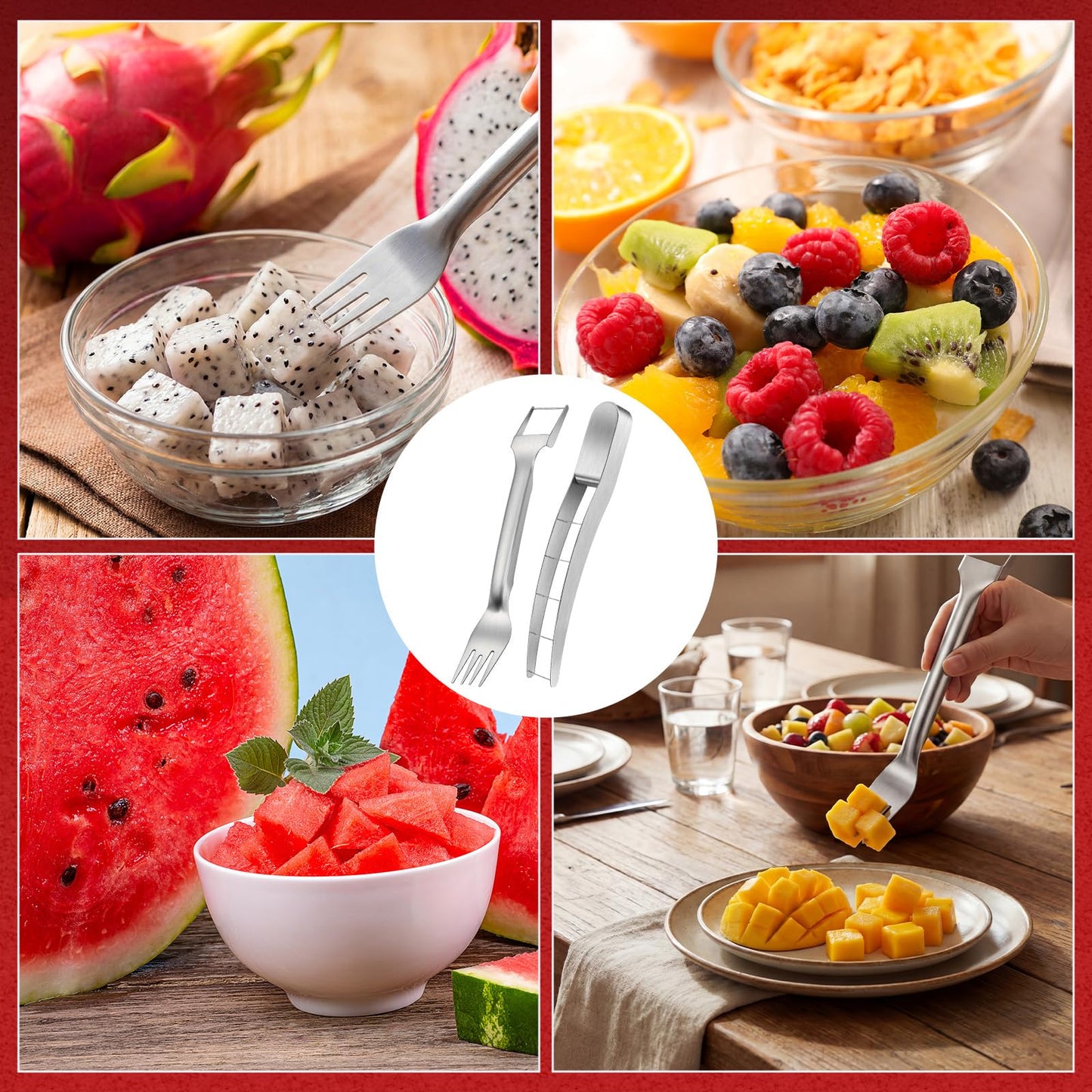 LemonRoad 2 Pcs Watermelon Cutter Slicer Set, 2-in-1 Stainless Steel Fruit Cutter with Fork & Watermelon Cutters Tool for Easy Cubes, Quickly Melon Slicer Tool Set for Home Party Camping Kitchen
