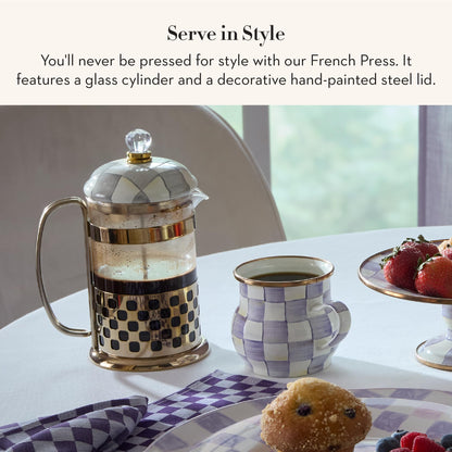 MACKENZIE-CHILDS Coffee French Press, Glass French-Press Coffee Maker, 32-Ounce Capacity, Gray-and-White Sterling Check