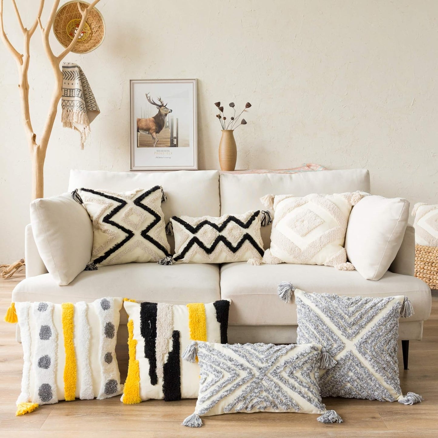 Woven Tufted Farmhouse Boho Throw Pillow Cover - Modern Decorative Multi Color Geometric Stripes, 18 x 18 Inches