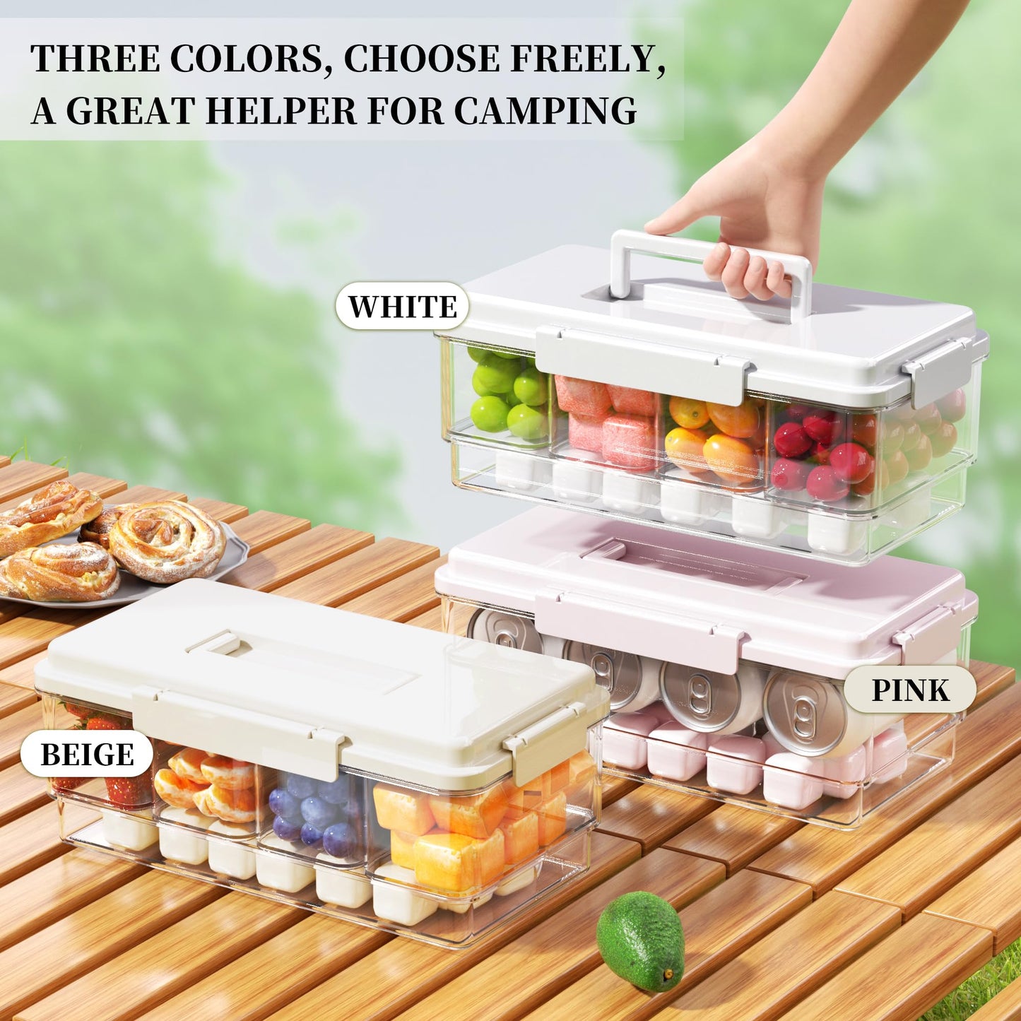 MANO 2pack Chilled Condiment Caddy with Lid Iced Snackle Box Container for Fruit Veggie Serving Tray with Handle Divided Garnish Tray Server Outdoor Camping Picnic Fridge Storage white