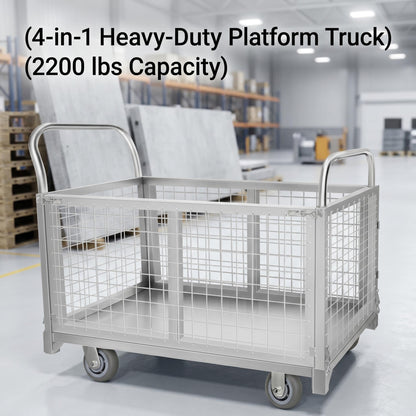4-in-1 Platform Truck Cart with Cage, Heavy Duty Foldable Flatbed Push Cart with Swivel Casters, 2200 LBS Steel Load Capacity for Warehouse Commercial Industrial Cargo Storage & Transport