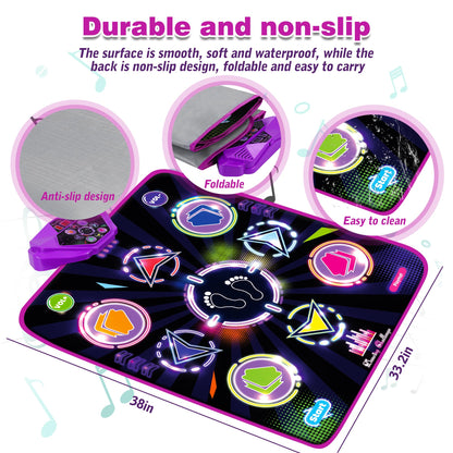 Kusntin Dance Mat, Dance Mixer Rhythm Step Play Mat, Pink Dance Pad with LED Lights, Adjustable Volume, Built-in Music, 5 Game Modes, Xmas Birthday Gifts for 3-10 Years Girls Toys (Purple-Black)