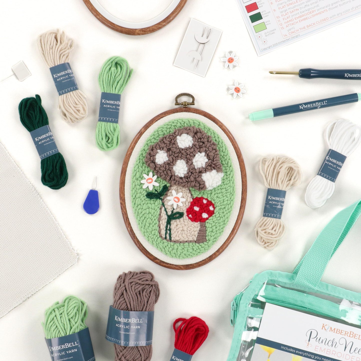 Kimberbell Punch Needle Kit – Mushroom Meadow - Complete DIY Embroidery Kit with Tool, Monks Cloth, Yarn, Frame & Embellishments – Punch Needle Design for Home Décor & Gifts