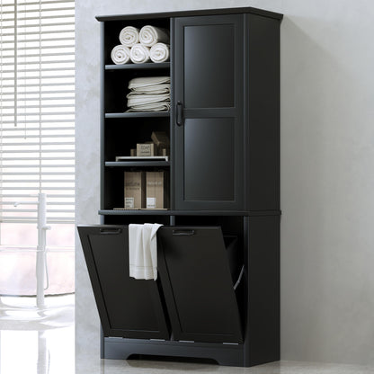 Merax Cabinet with Tilt-Out Laundry Hamper Basket, Tall Bathroom Storage Organizer Linen with Open Shelf for Home, Freestanding, Black