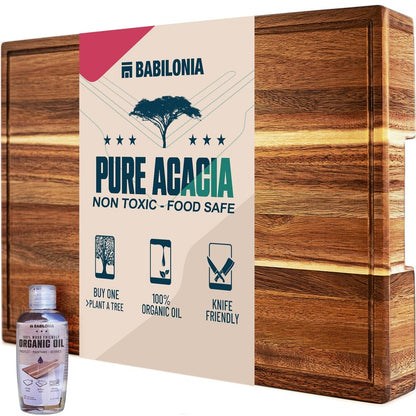 Acacia Wood Cutting Board for Kitchen 15.7 x 10.2 Inch (ExtraThick 1.6") Non Toxic Wooden Chopping Board for Meat, Cheese, Charcuterie Boards with Handle, Hardwood Butcher Block (Oil & Plate Included)