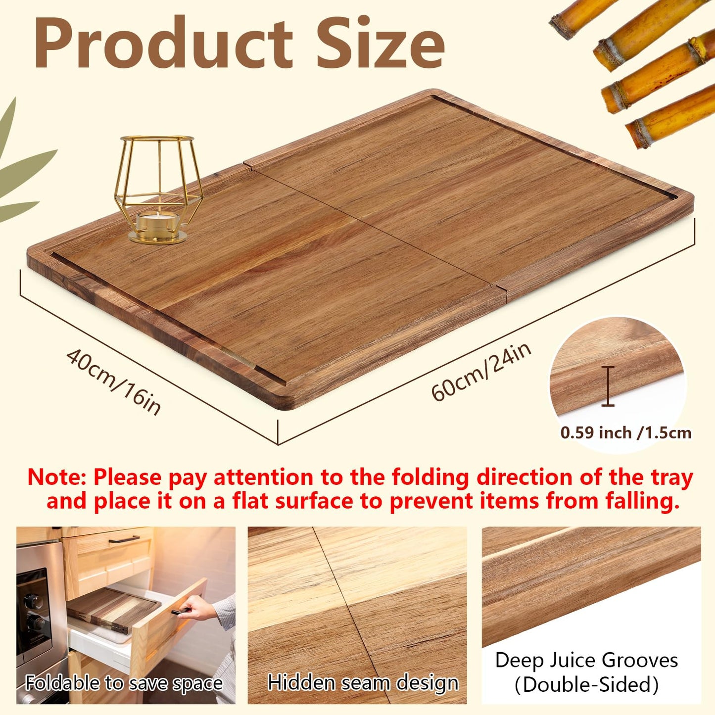 Teenyyou Acacia Wood Cutting Boards for Kitchen Wooden Cutting Board with Juice Groove Extra Large Serving Platter Carving Tray for Meat Cheese(Brown,24 x 16 Inch,Foldable)