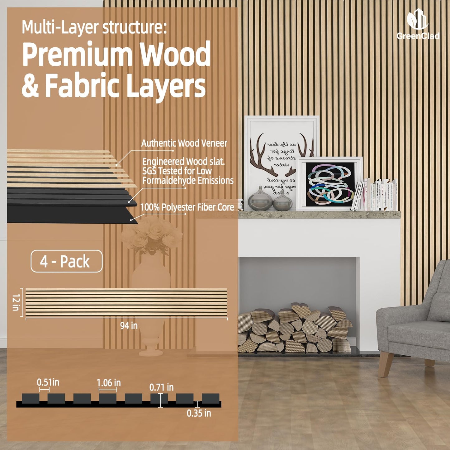 GreenClad Wood Slat Wall Panels for Wall, 4-Piece Acoustic Decorative Wood Panels for Interior Accent Walls, Sound Absorbing Wall Panels, 94" × 12.6" Each (White Oak)