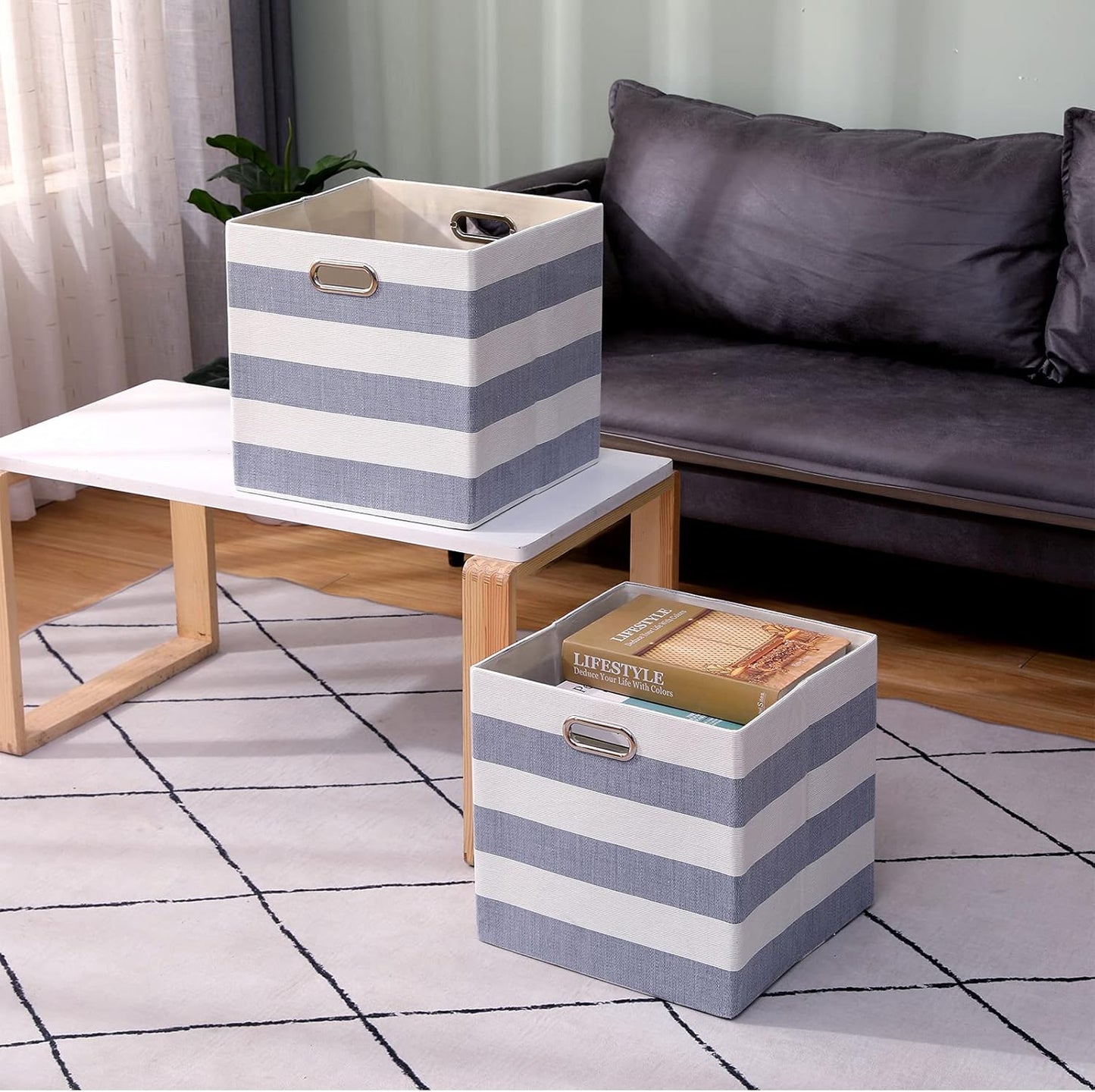 Cube Storage Bins 13×13, Fabric Foldable Box Set of 4, Large Capacity for Closet, Grey-White Stripes