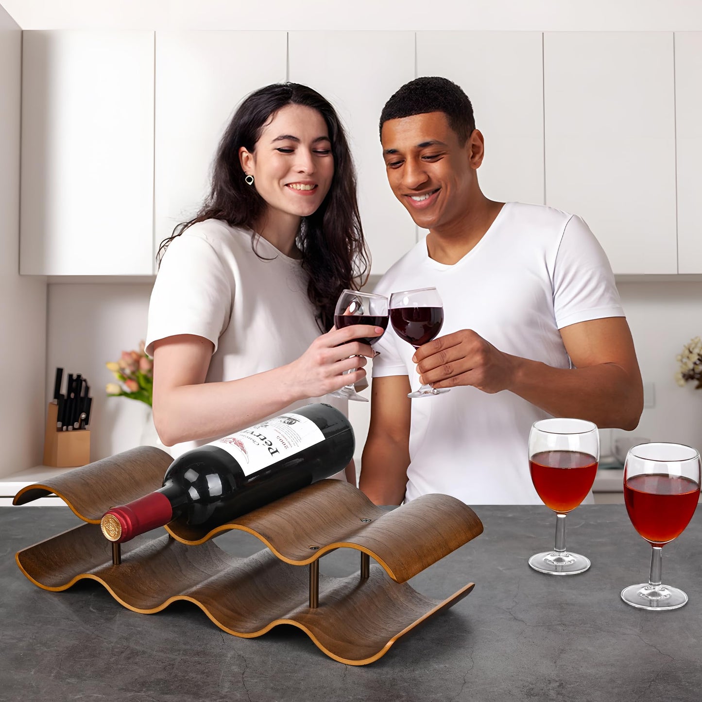 TRUDING Countertop Wine Rack - 7 Bottle Freestanding Wine Bottle Holder Stand - 2 Tier Wooden Wine Storage Rack - Walnut Wavy Wine Organizer for Cabinet Pantry Home Kitchen Bar
